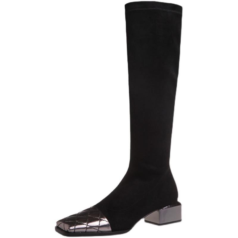 European Station Autumn and Winter Elastic Boots Square Head Tall Fashion Boots Women's Middle Heel Splicing Knee Boots Coarse Heel Boots Women's