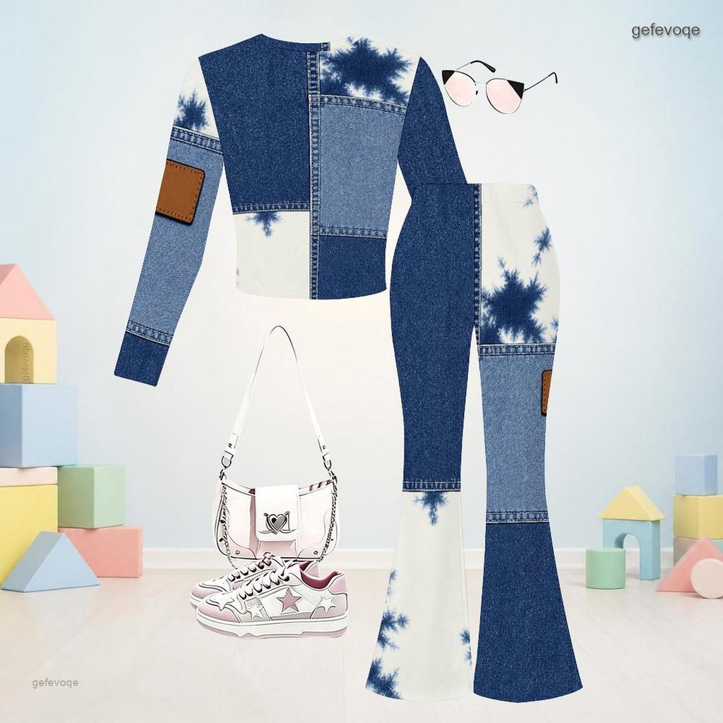 Girls Printed Two Piece Outfit Round Neck Long Sleeve Top Flared Pants Blue Beige White