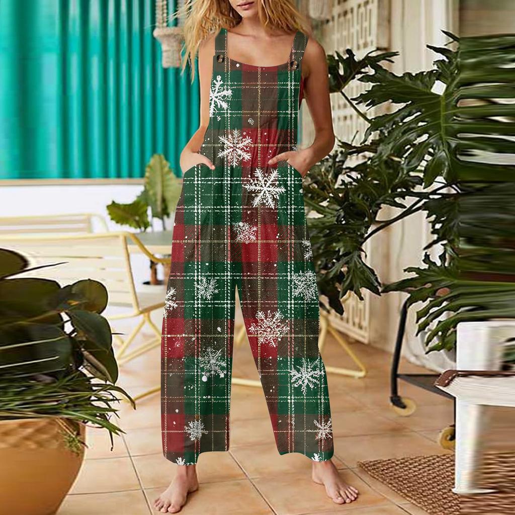 Women's Casual Christmas Printed Jumpsuit Sleeveless Printed Cotton Jumpsuit
