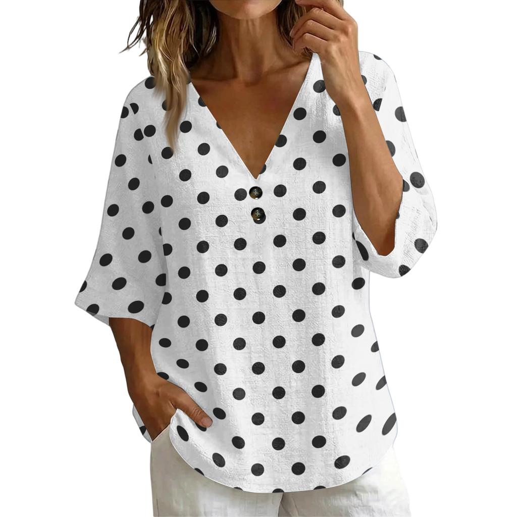 Women's Vintage Floral Print V-Neck T-Shirt - Loose Fit Short Sleeve Blouse, Faux Cotton-Linen Fabric