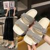 Fashion Square Toe Platform Rhinestone Slender Strap Flip Slippers Women's Summer 2025 New Flat Shoes Outside Wear