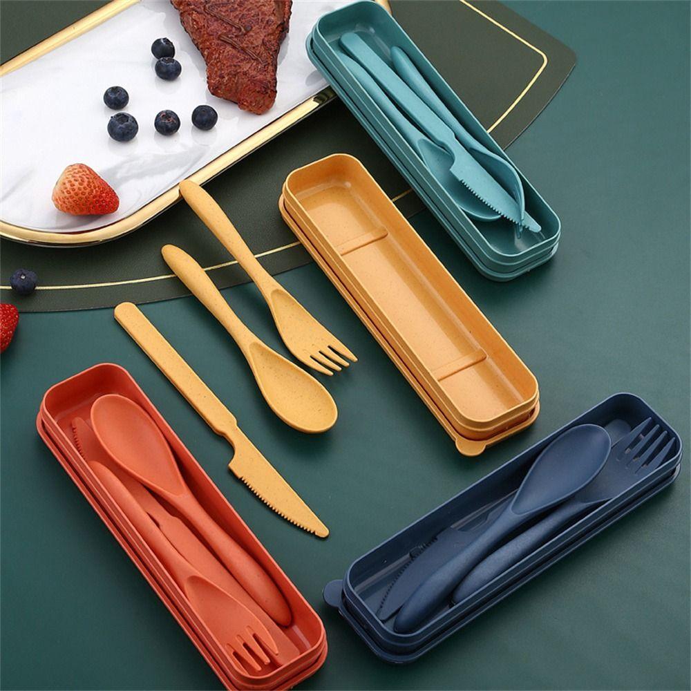 With Case Camping Utensil Set Wheat Straw Camping Spoon Fork Travel Utensils  Daily Use