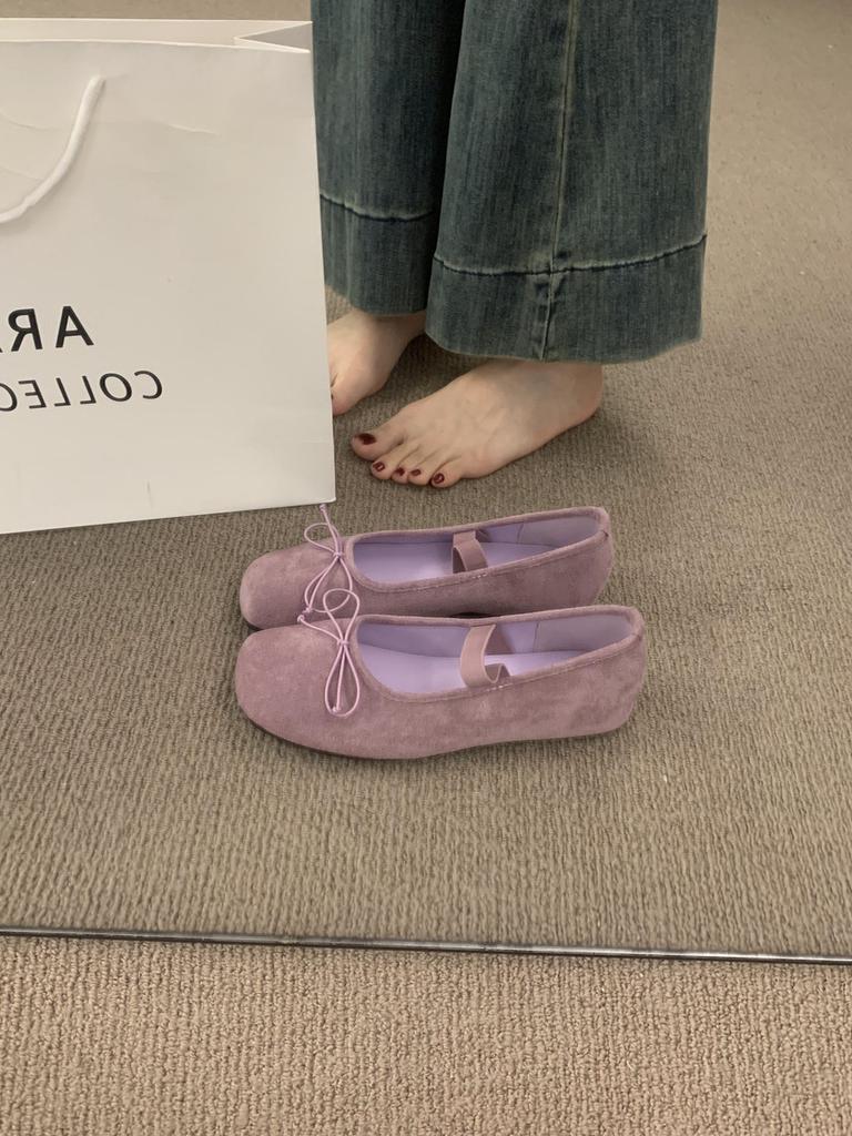 French Flat Bottom Square Head Bow Dopamine Flat Bottom Mary Jane Not Tired Feet Soft Bottom Suede Ballet Single Shoes Women