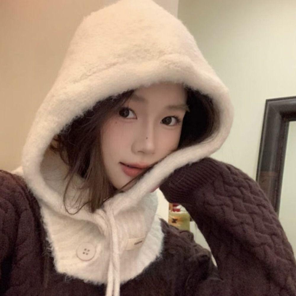 Hat and Scarf Integrated Women  Balaclava Plush Windproof Cap Knitted Beanies  Outdoor