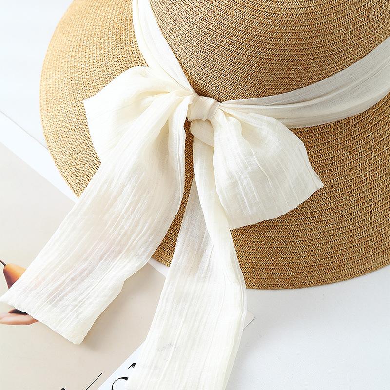 French large brim simple bow straw hat women's spring summer small fresh holiday wind sun hat seaside sun hat