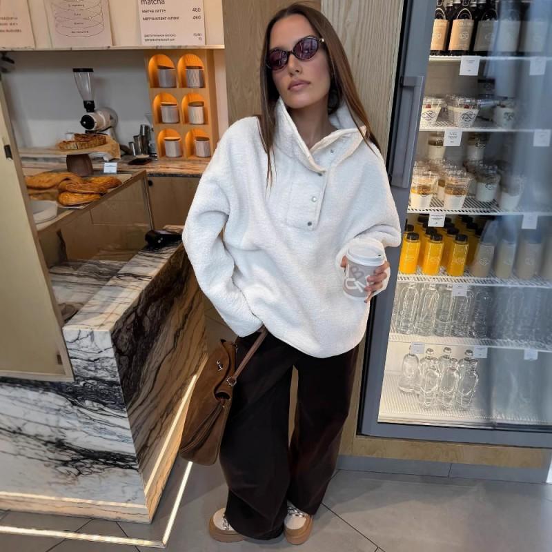 Womens Oversized High-Neck Fleece Pullover Sweater With Half Button Detail Loose Fit Long Sleeve Top Winter