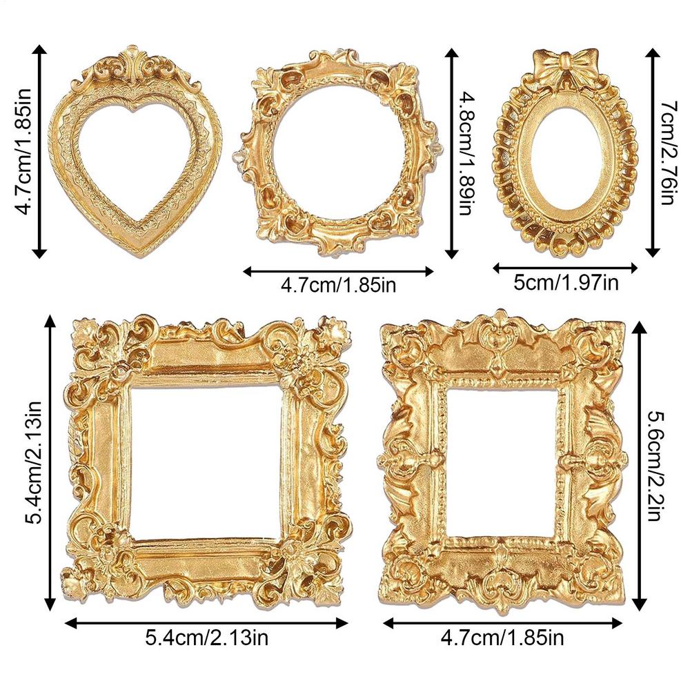Vintage Mini Photo Frames, 5pcs Small Antique Gold Resin Photo Frames, Miniature Desktop Decorations Wall Mount Photo Frames