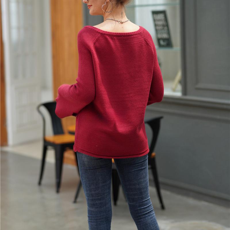 IHUASU Women's Autumn and Winter Solid Colour Pullover Jumper Temperament Commuter V-neck Large Size Loose Knit Sweater