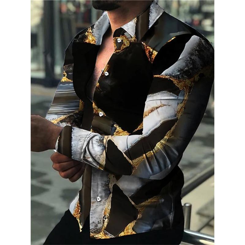 Fashion Luxury Party Evening Dress Shirts Lapel Button Down Shirts Casual Printed Newspaper Text Art Men's Top Shirts