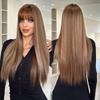 New Highlighted Brown Long Straight Wig for Women - Full Bangs One-Length Cut JK Schoolgirl Style Rejuvenating Daily Wear Full Cap Wig