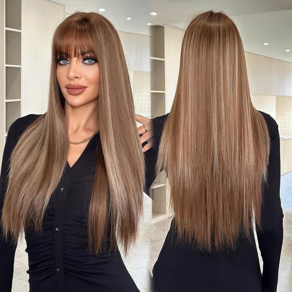 New Highlighted Brown Long Straight Wig for Women - Full Bangs One-Length Cut JK Schoolgirl Style Rejuvenating Daily Wear Full Cap Wig