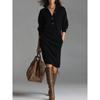 Women's Lapel Collar Partial Button Pocket Ribbed Knit Long Sleeve Midi Sweater Dress