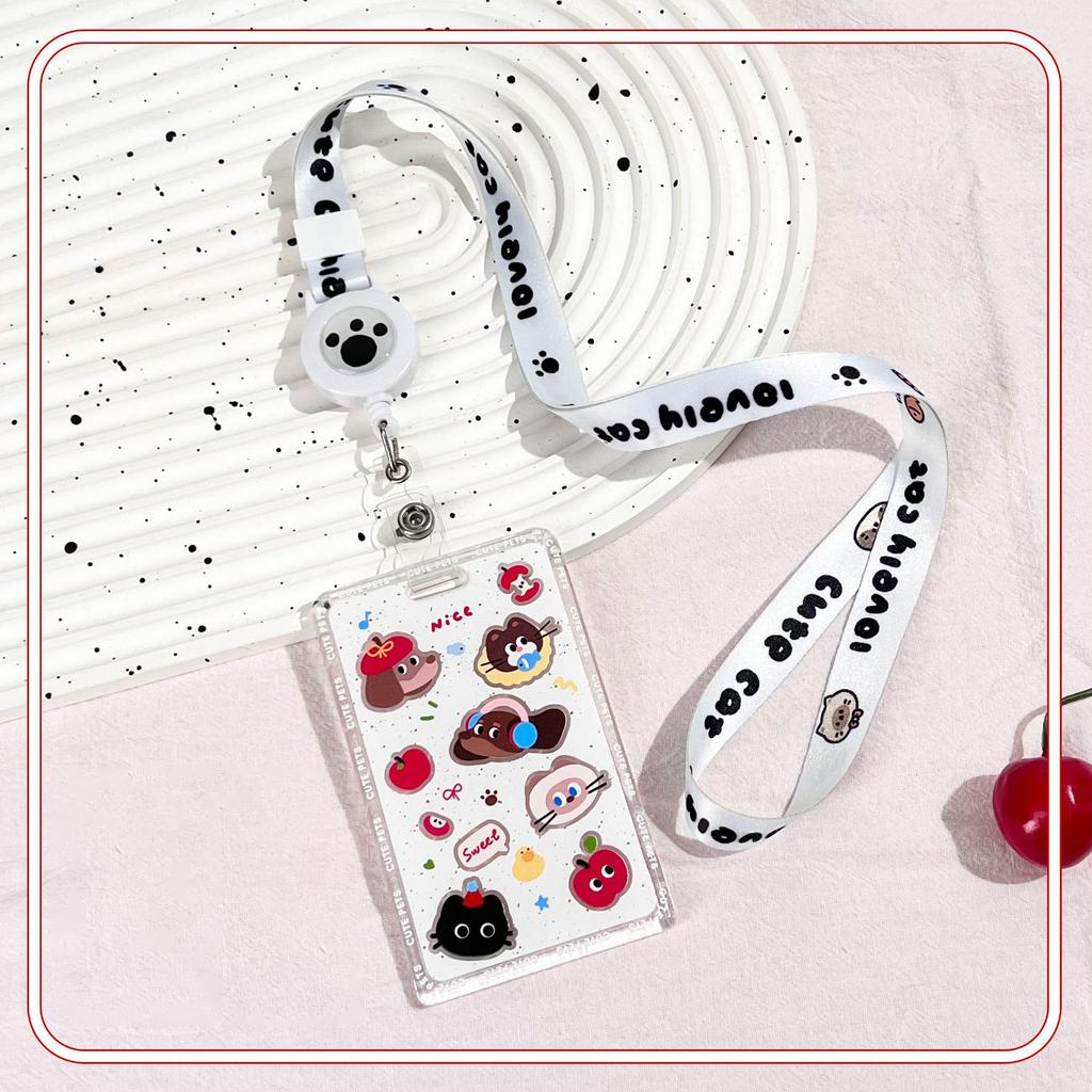 Kawaii Cat Keychain Sliding Card Holder Student Meal Card Bus Card Photo Card Holder Lanyard Lady Id Card Credit Card Holder