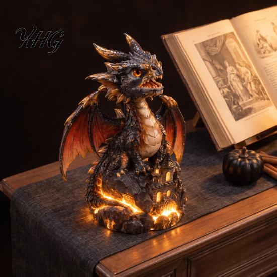 Creative Shelf Decor Light Up Dragon Figurine, Resin Gothic Castle Statue, Decorative Living Room Accents Fantasy Creature Ornament for Home,