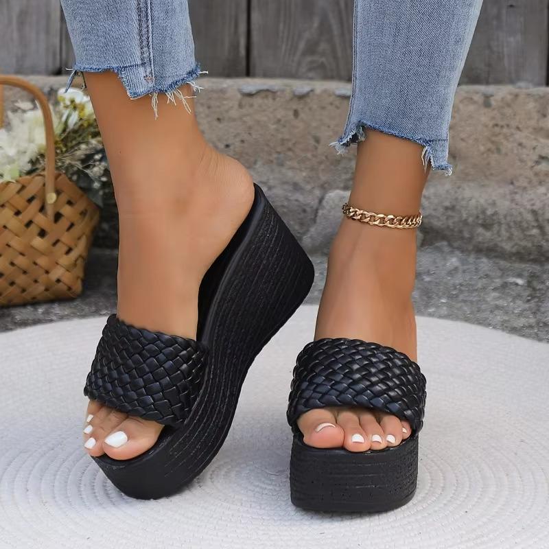 Fashionable High-heeled Slippers, Summer Solid Color Wedge Heels, Elegant and Comfortable Thick-soled Women's Shoes, Large Size
