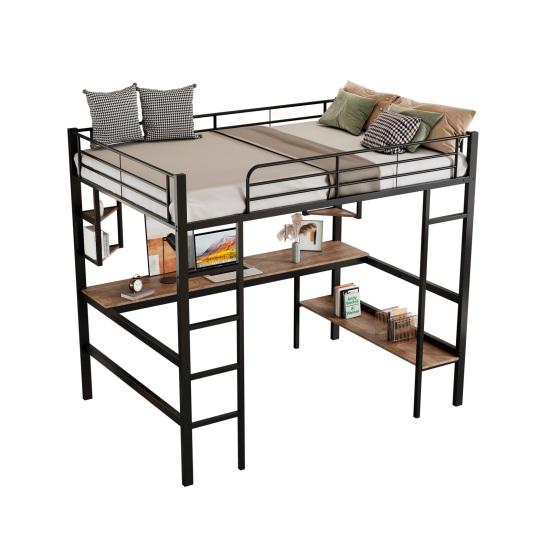 Children Bed Strong Carrying Capacity Metal with Large Bookshelf Four Small Shelves Ladder Fall Protection Grilles Home Frame Loft Furniture Bunk