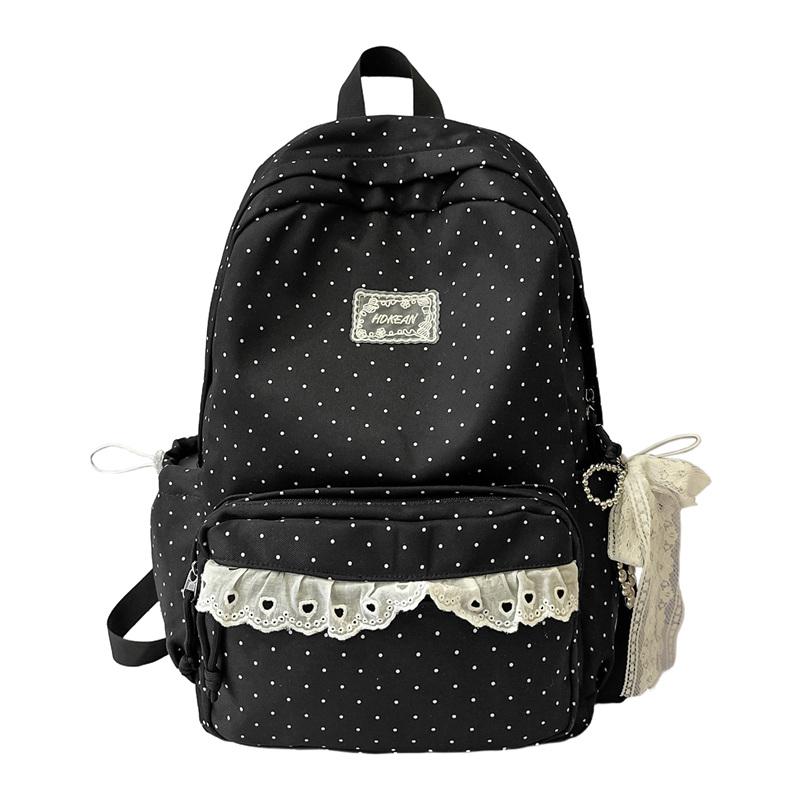 Cute Polka Dot Backpack with Lace Trim, Stylish School Bag for Women and Teens, Lightweight and Spacious Design
