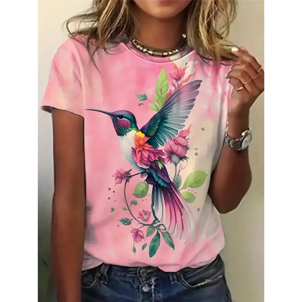 Fashionable 3D Animal Bird Print T-shirt for Women's Summer Casual O-neck Short Sleeved Top Kawaii Girls' T-shirt Loose and Trendy Women's Clothing