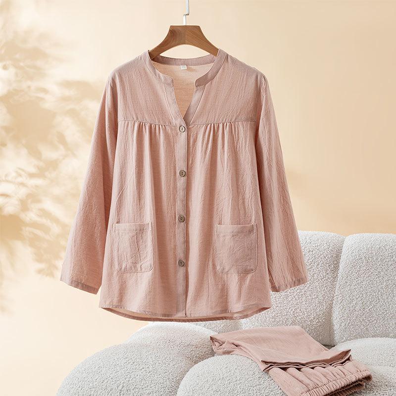 Autumn new women's pure cotton pajamas thin suit V-neck solid color loungewear long sleeves trousers can be worn outside