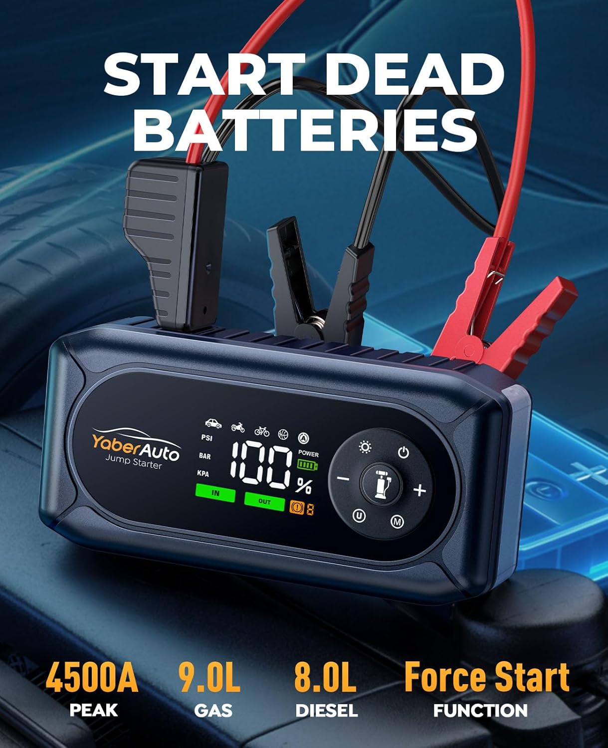 

9-в-1 Стартер 4500А з Компресором, 12В Портативний Зарядний Пристрій, 150PSI, Включає Рукавички та Ліхтарик United States