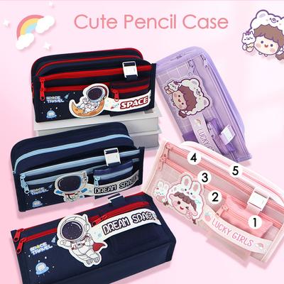 Trousse à crayons de poche en toile Kawaii Portable Grande Capacité Multicouche Pochette à crayons Cartoon pour Étudiant Fournitures Scolaires