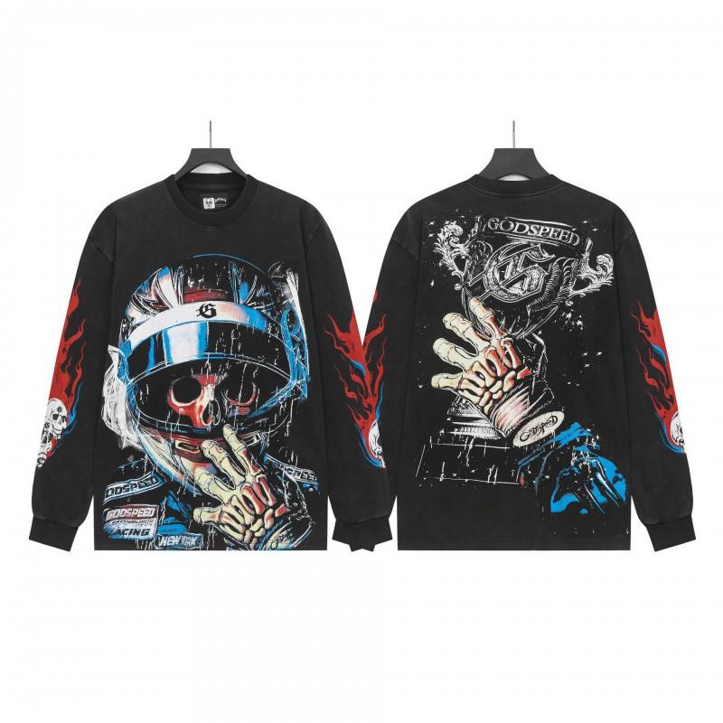 Unisex Vintage Skull Print Washed Cotton Long Sleeve Hoodie Streetwear Loose Fit