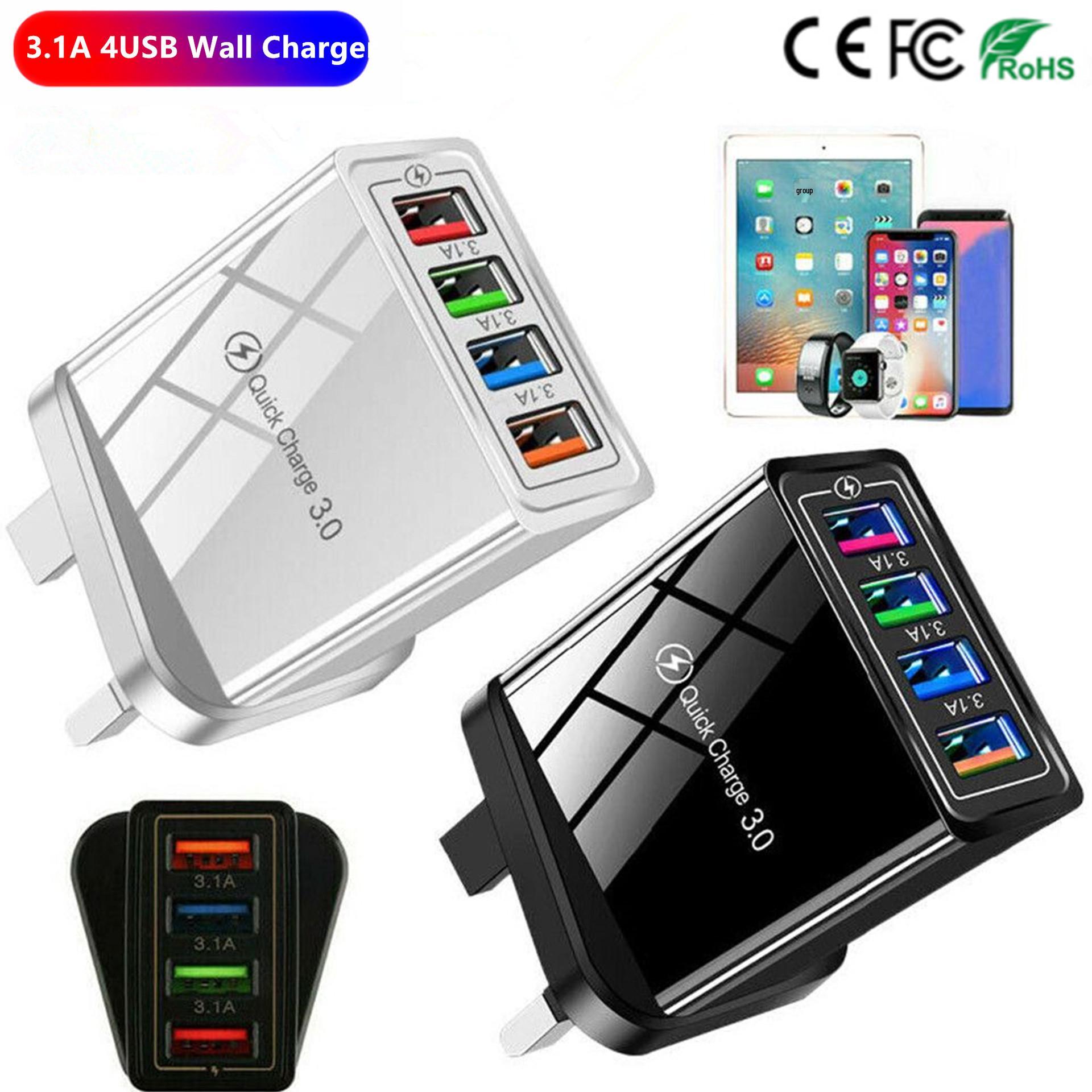 

4-Port LED Mobile Charger: UK, EU, US Adapter for Travel US Standard All Black (Flat Pin)