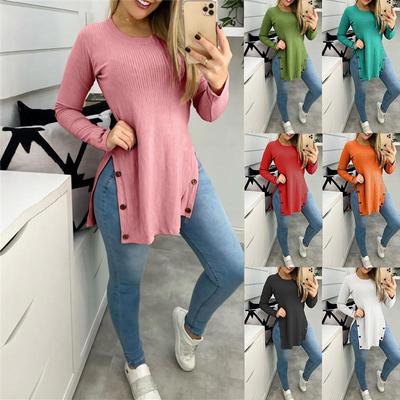 Round Neck Slit Button Up Long Sleeve Pit Stripe Solid Colourt-shirt Women Plus Size