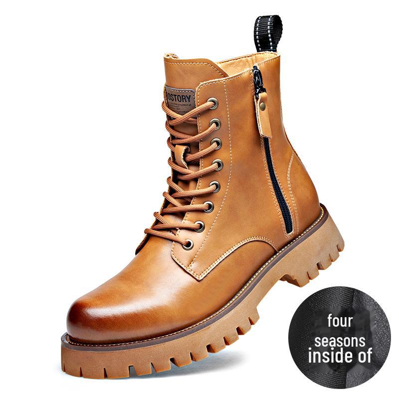 Men's Autumn & Winter Yellow Genuine Leather Boots with Thick Sole, Side Zipper, and Round Toe - Comfortable Mid-High Martin Style.