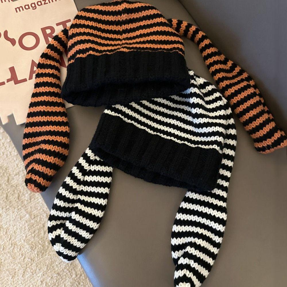 Y2K Rabbit Ears Hat Knitted Stripe Skull Cap Cute Women Beanie Hat  Outdoor