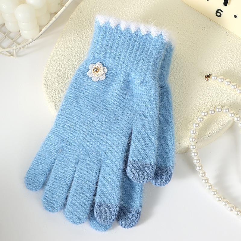 Finger gloves winter women's new thickened warm solid color cute student cycling cold-proof wool gloves women