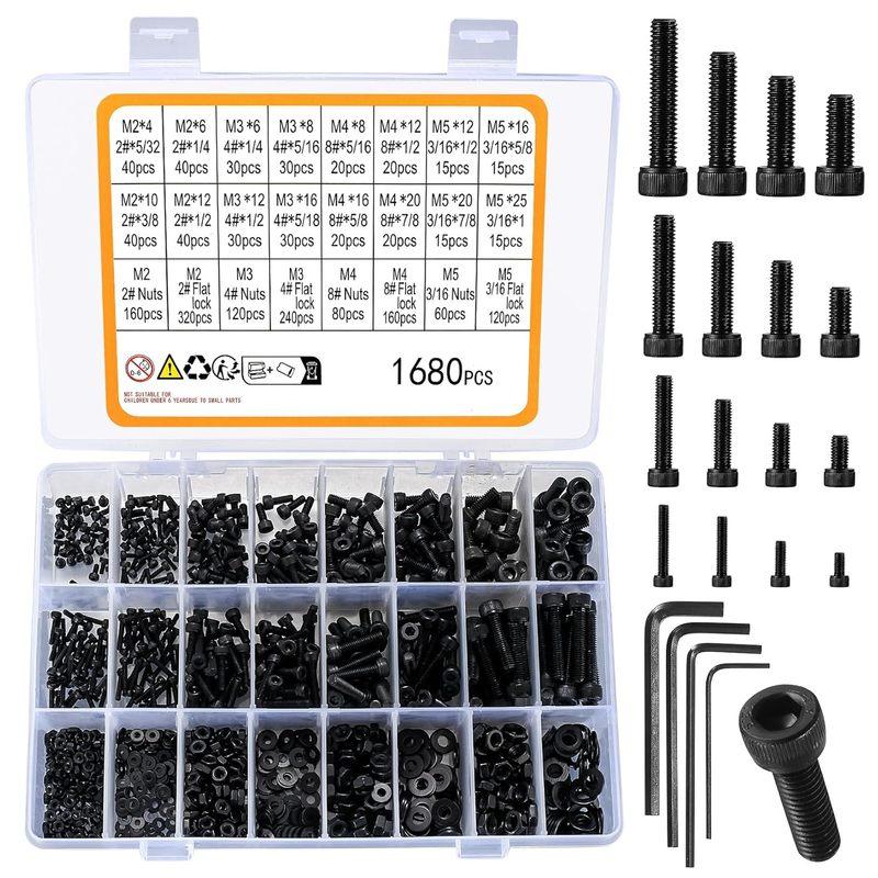 1680 Pcs M2 M3 M4 M5 Metric Hex Head Bolts Nuts Washers Set with Black Screws Assortment Kit