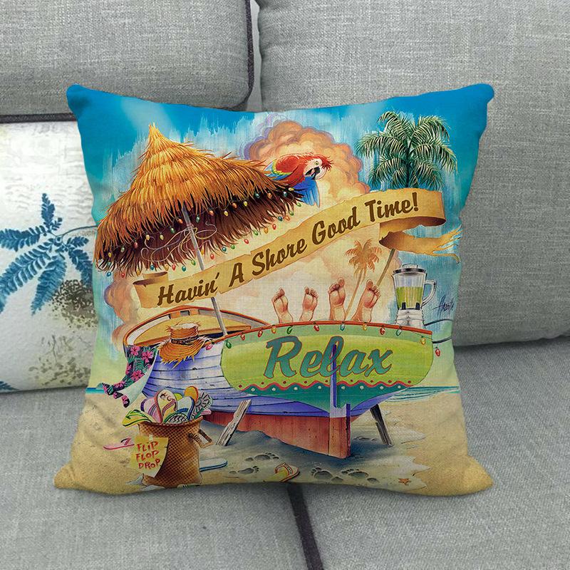 Cartoon Seaside Vacation Digital Printing Short Plush Pillow Covers Decorative For Car Sofa Office Cushion Cover Home Goods