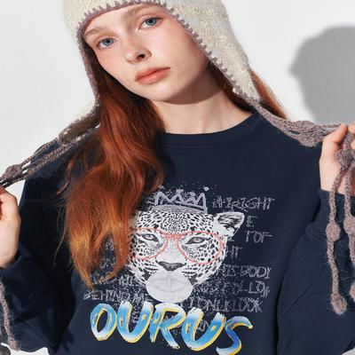 OURUS Queen-Leo Print Cotton Sweatshirt: Navy