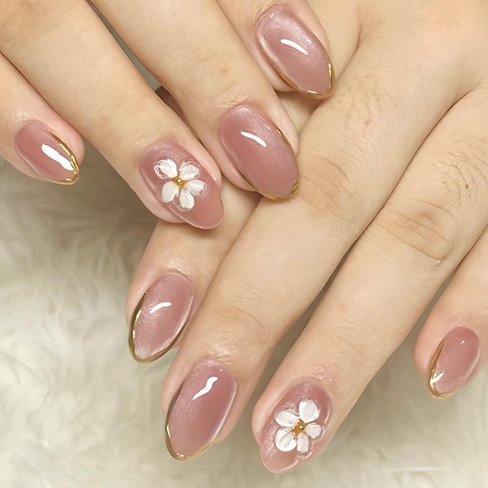 Almond-Shaped Pink and Gold Press-On Nails with Floral French Tips, 32 Pieces
