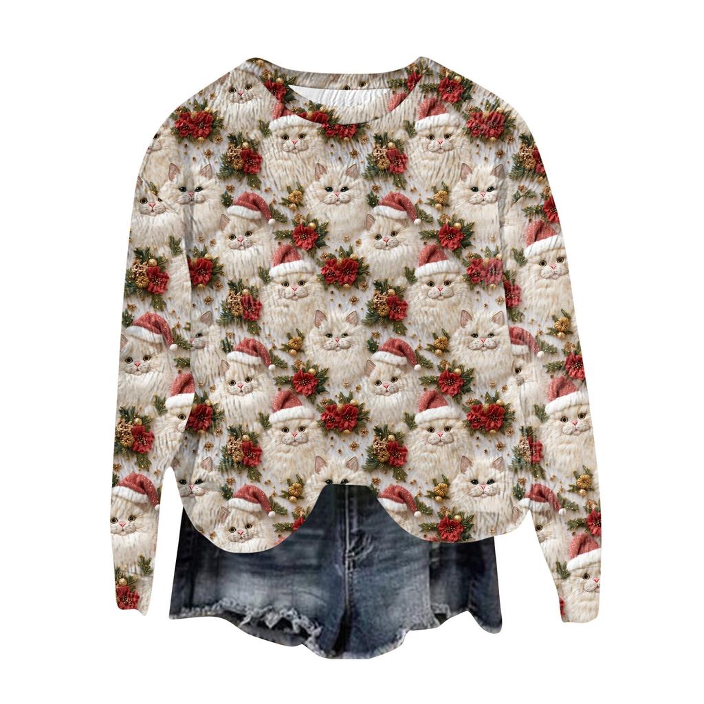 Women's Fashion Round Neck Pullover Top Long Sleeve Tee Christmas Printed Sweatshirt