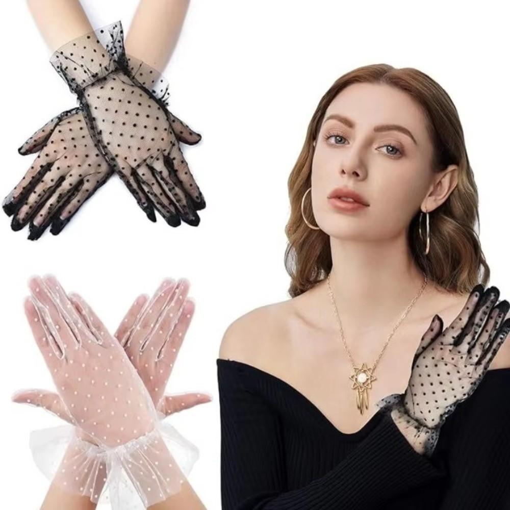 Full Finger Lace Mesh Gloves Ultra Thin Wedding Party Mittens Tulle Polka Dot Gloves Dancing Party