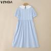 VONDA Women Doll Collar Short Sleeve Pleated Midi Dress