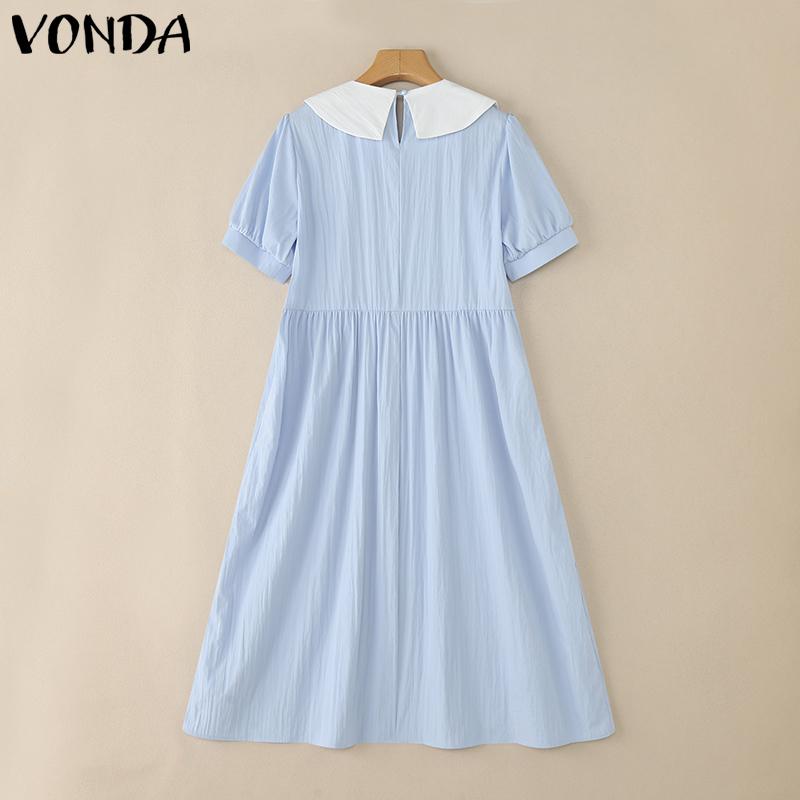 VONDA Women Doll Collar Short Sleeve Pleated Midi Dress