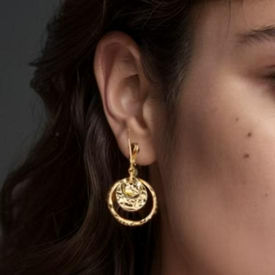 

European American Gold-Plated Brass Retro Hammered Texture Round Hoop Earrings
