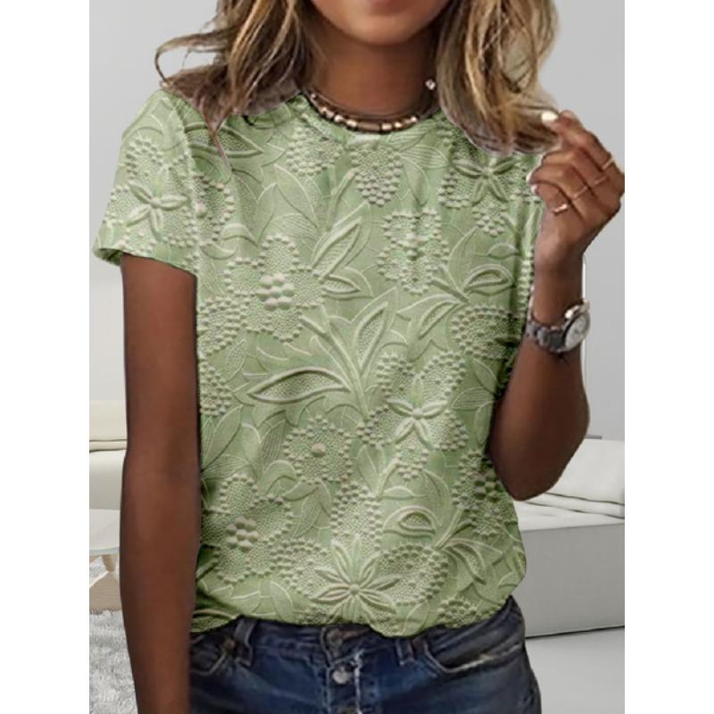 Summer Round Neck 3D Flower Print Top Fashionable Casual Short Sleeved Women's T-shirts