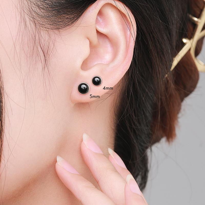 Natürliche Schwarze Achat Ohrstecker 925 Sterling Silber Rund Täglich Hypoallergen Ohrring 4mm 5mm 6mm Schmuck Für Frauen