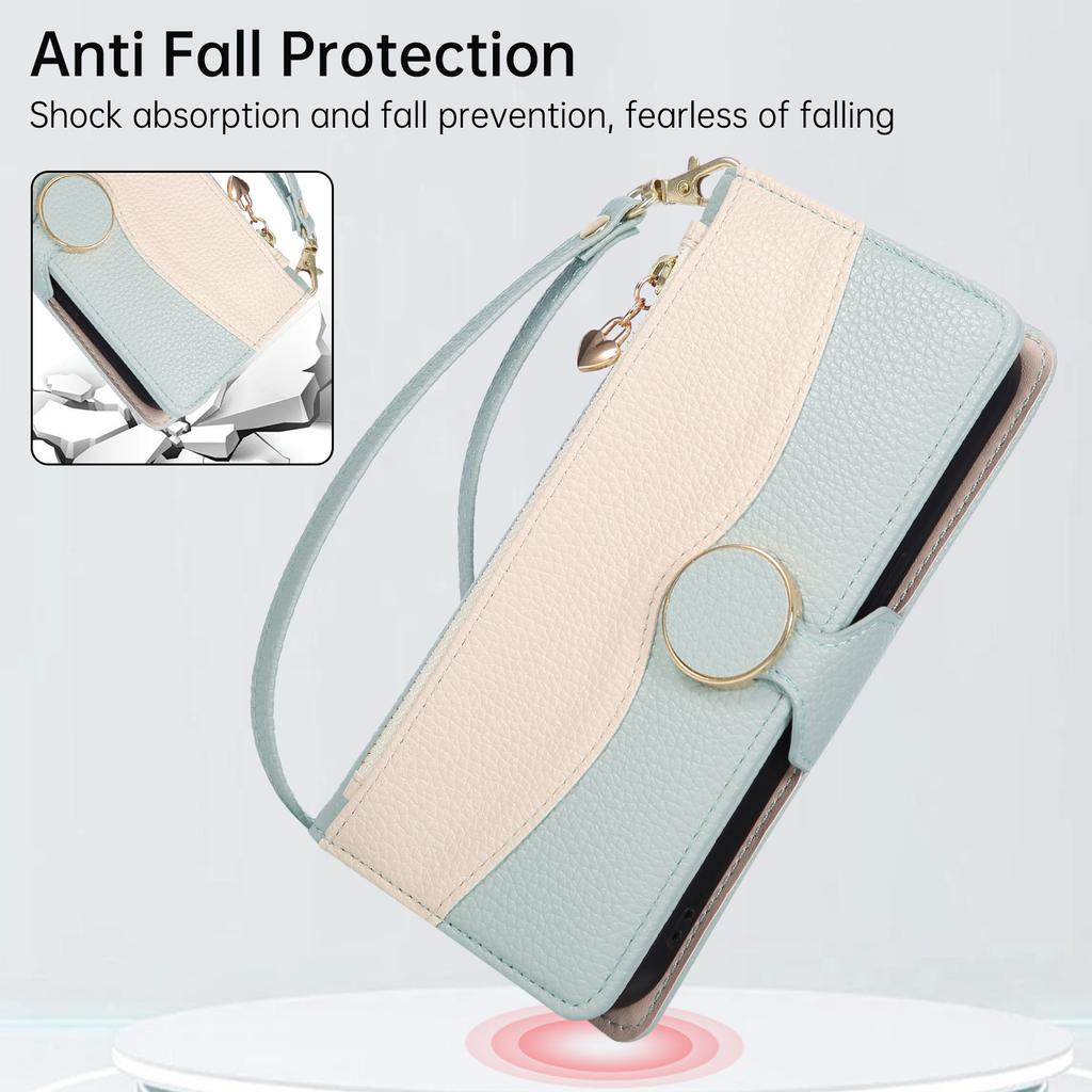 For iPhone 15 Pro Max Case Zipper Wallet Color Splicing TPU PU Leather Flip Phone Cover with Strap