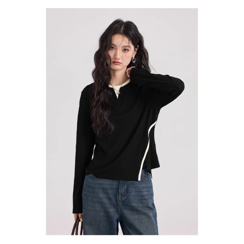 

Simple New Long-sleeved T-shirt Autumn and Winter New Slim-fitting Slit Fake Two-piece Bottoming Tops S чорний
