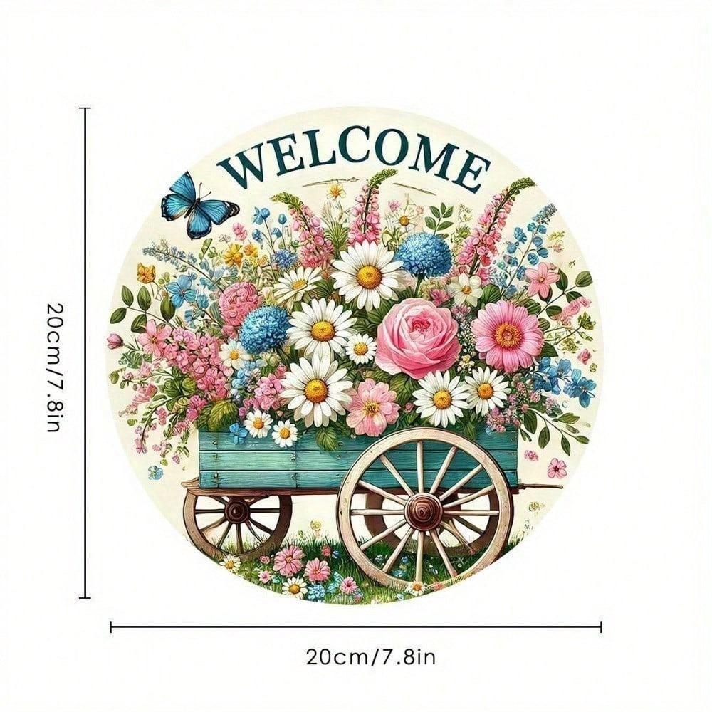 VAGAAR 8 inch Round Vintage Metal Welcome Sign, Rustic Tin Plaque Weatherproof for Home Bar Garage Wall Decor