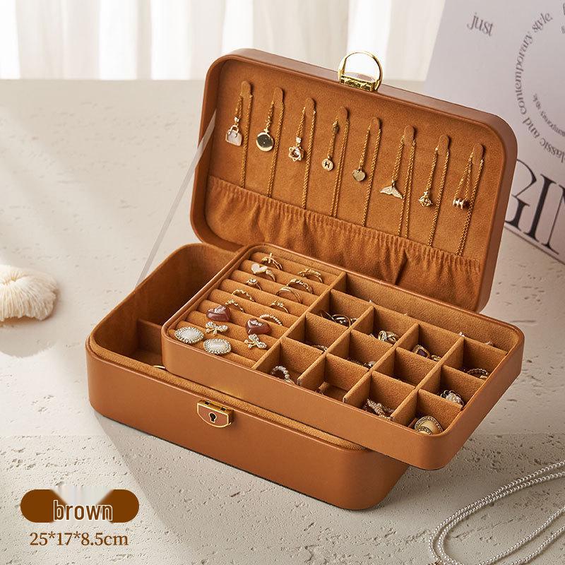 

Высококлассная двухъярусная шкатулка для украшений с замком - Многосекционное хранение для ожерелий, серег, колец 25*17*8.5cm коричневый