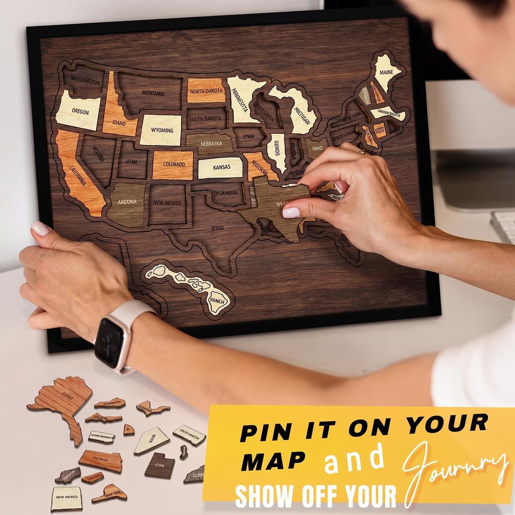 USA Travel Map Reusable Wooden USA Maps Puzzle Multi-Purpose Interactive Geography Learning Toy for Couples And Families Gift
