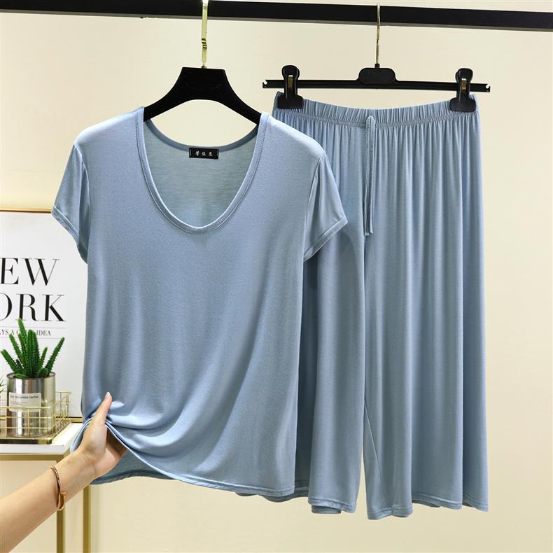 Women's Casual Two-Piece Set: Modal U-Neck T-Shirt & High-Waisted Tie-Waist Wide-Leg Pants