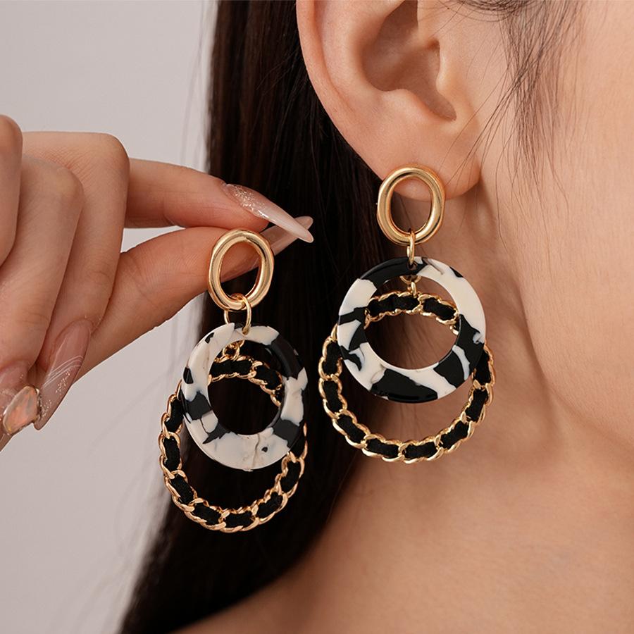 Leopard Print Resin Double Circle Geometric Hoop Earrings, Elegant and High-end Earrings for Women