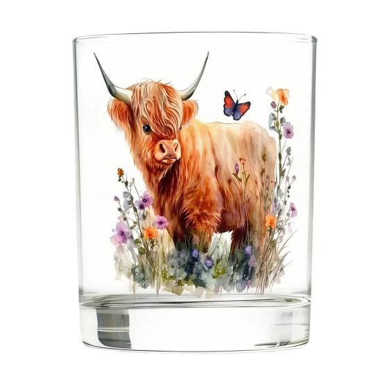 Bicchiere in Vetro Mucca delle Highlands, Bicchiere Termico Acquerello Floreale Dipinto a Mano, Tazza Trasparente per Latte Caffè Whiskey, Regalo per Amanti degli Animali